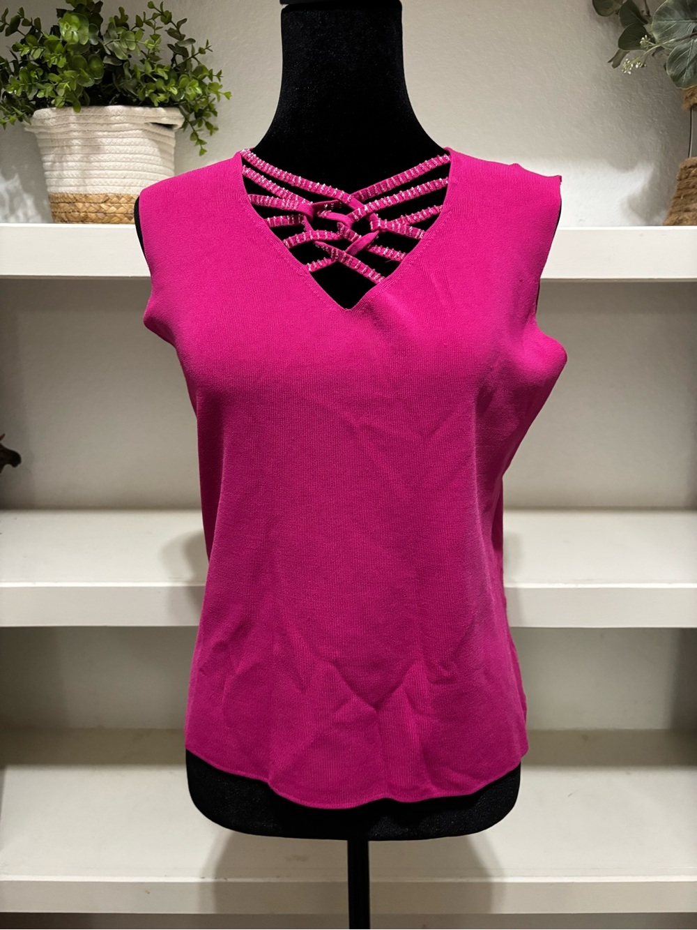 Belldini Magenta Sleeveless Knit Tank with Lattice V-Neck